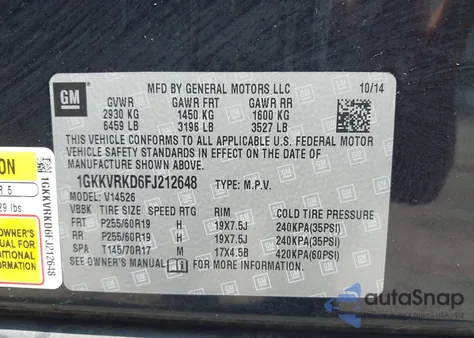 2015 GMC Acadia Slt-1 from USA, damaged, VIN 1GKKVRKD6FJ212648